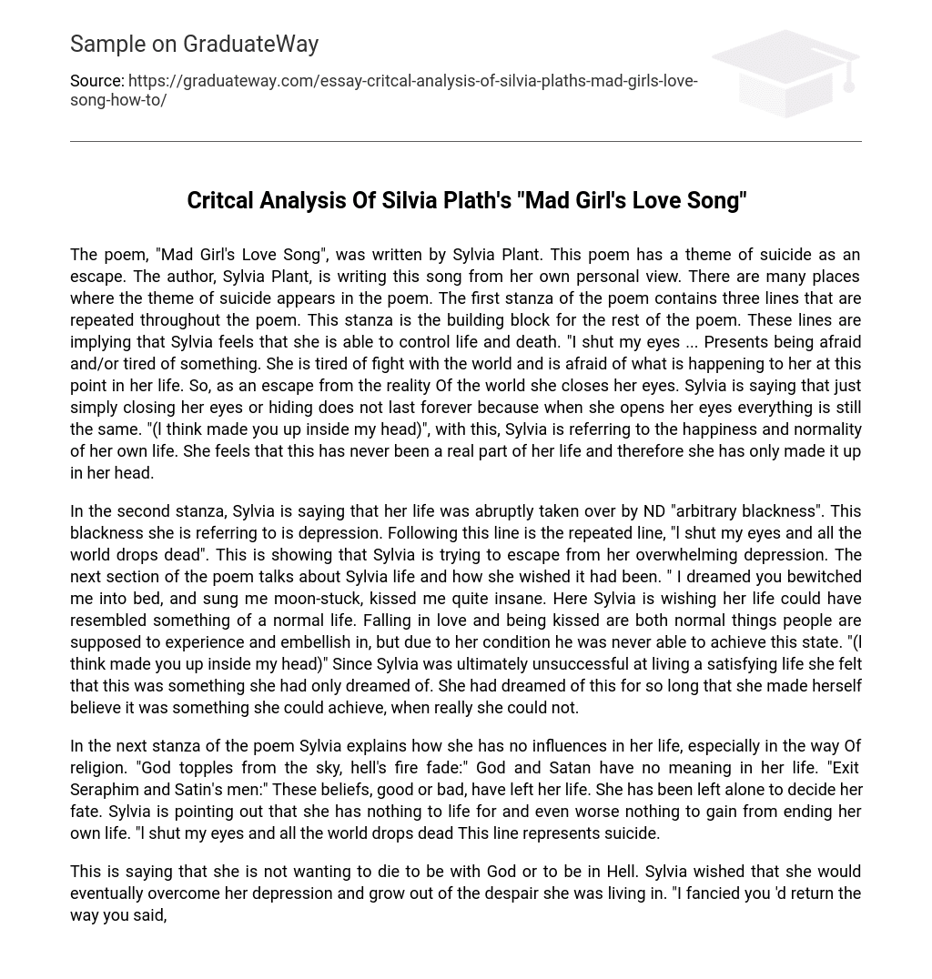 Critcal Analysis Of Silvia Plath’s “Mad Girl’s Love Song”