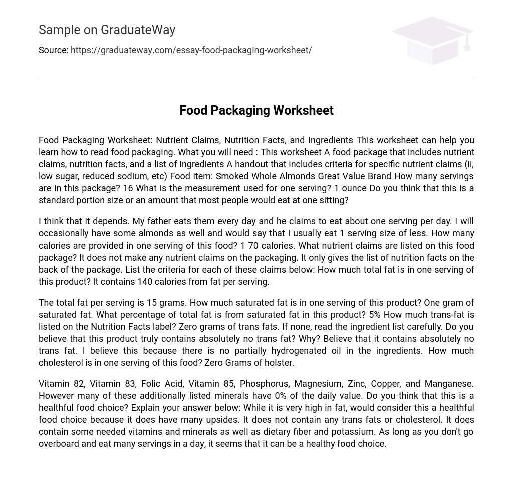 Food Packaging Worksheet