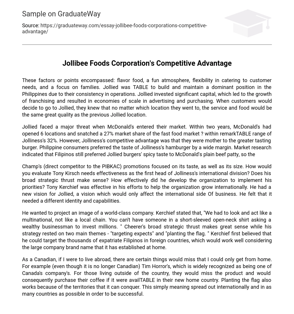 Jollibee Foods Corporation’s Competitive Advantage Analysis