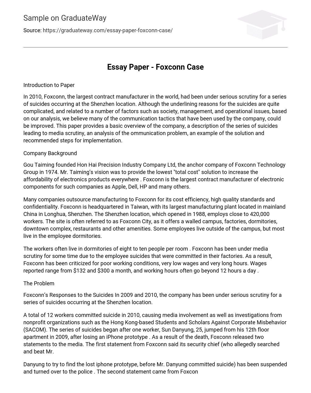 Essay Paper – Foxconn Case