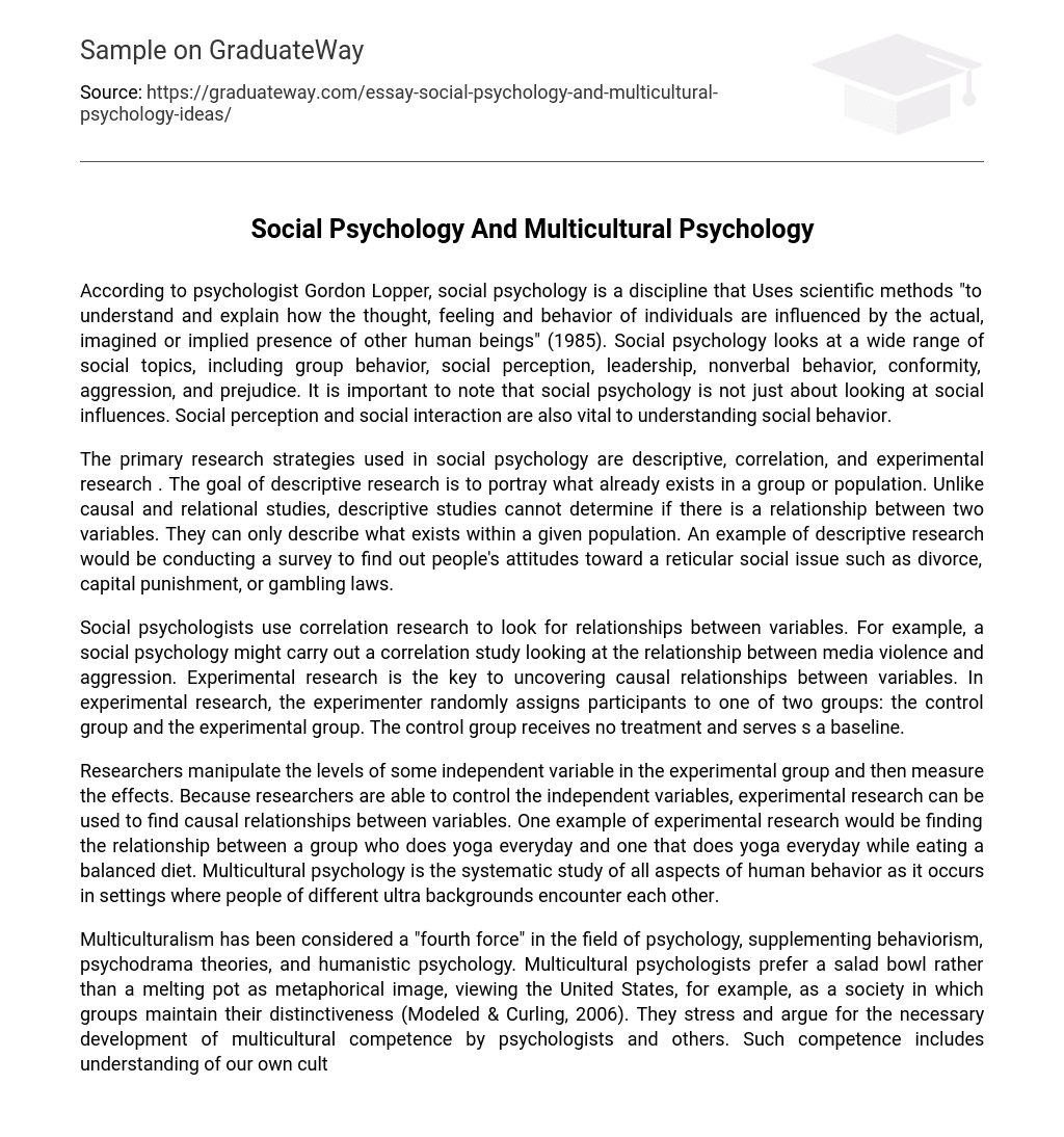 Social Psychology And Multicultural Psychology