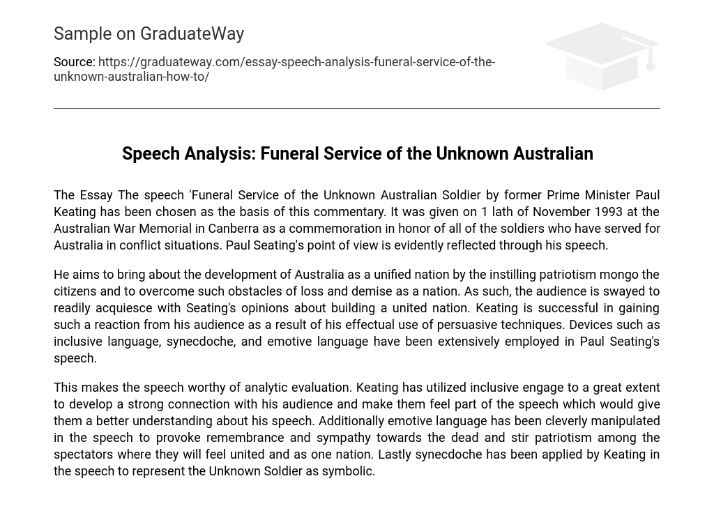 Speech Analysis: Funeral Service of the Unknown Australian