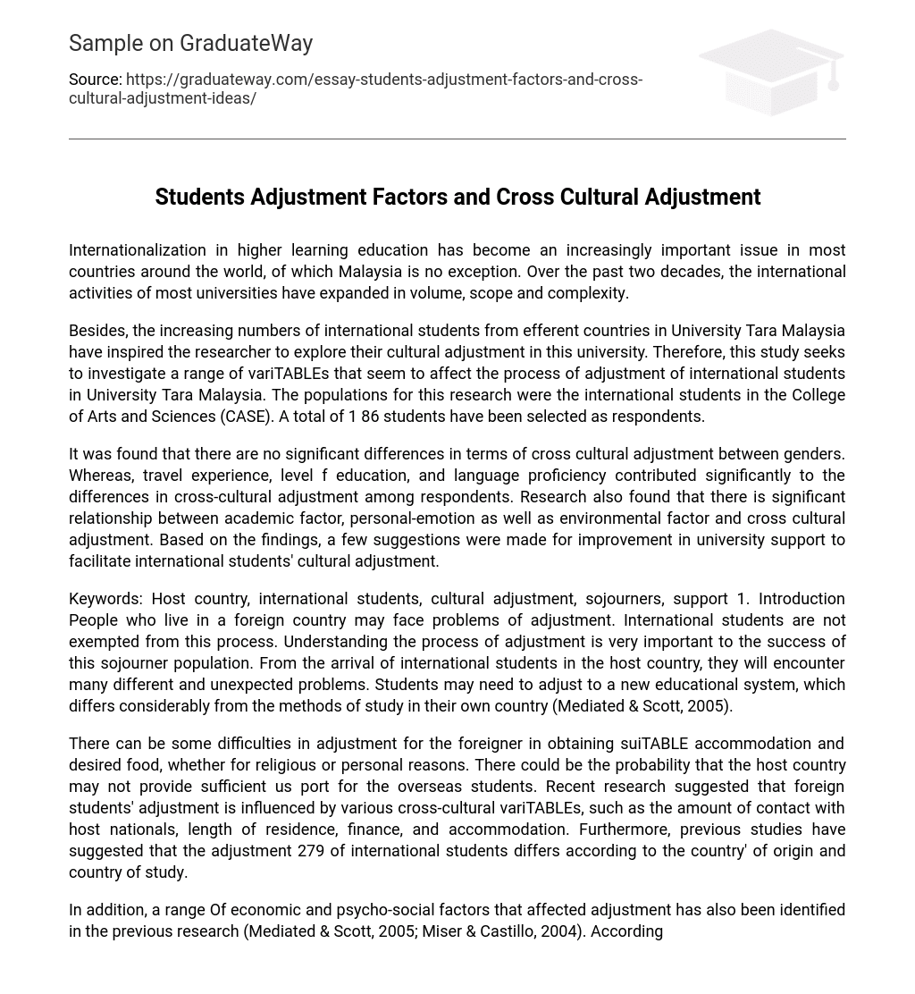 Students Adjustment Factors and Cross Cultural Adjustment