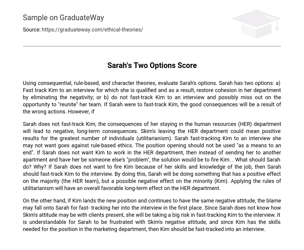 Sarah’s Two Options Score
