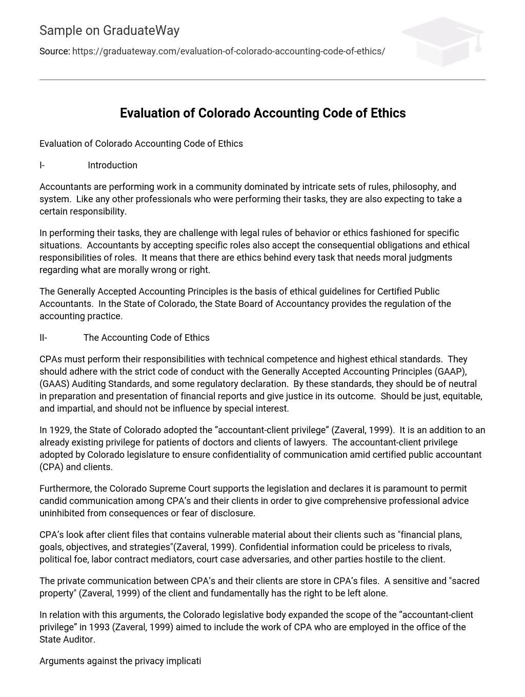 Evaluation of Colorado Accounting Code of Ethics