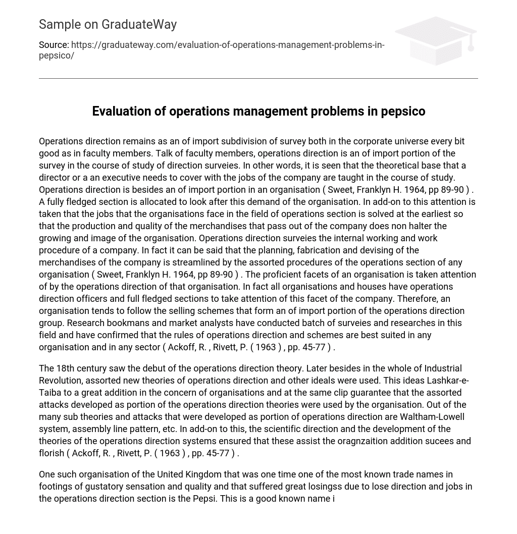 Evaluation of operations management problems in pepsico