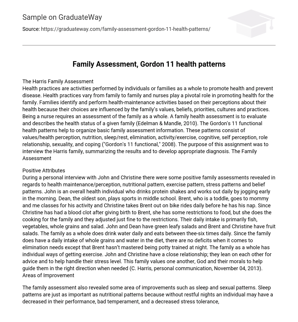 Family Assessment, Gordon 11 health patterns