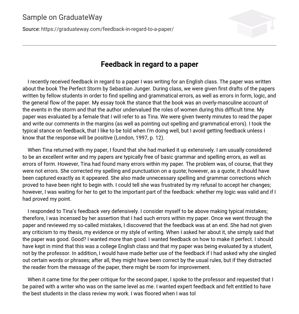 Feedback in regard to a paper