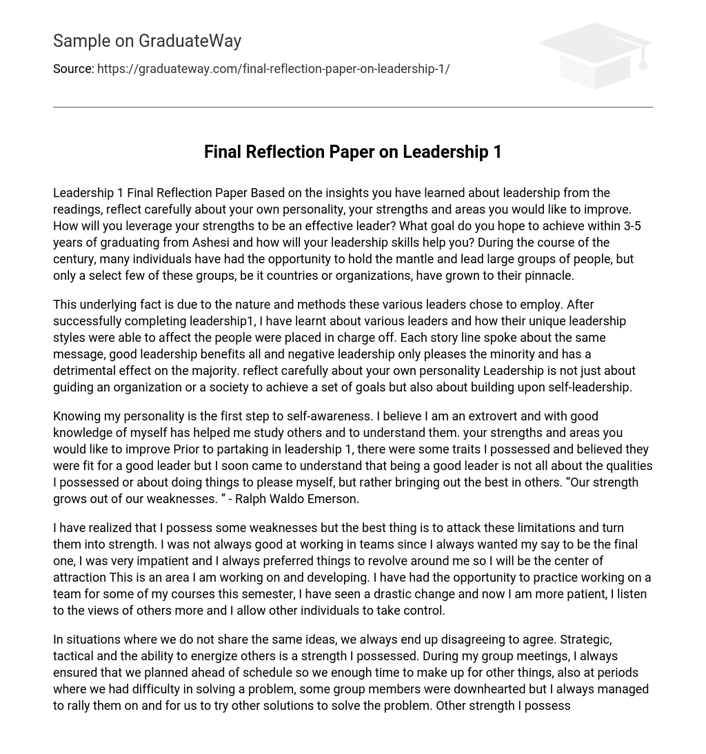 Final Reflection Paper on Leadership 1