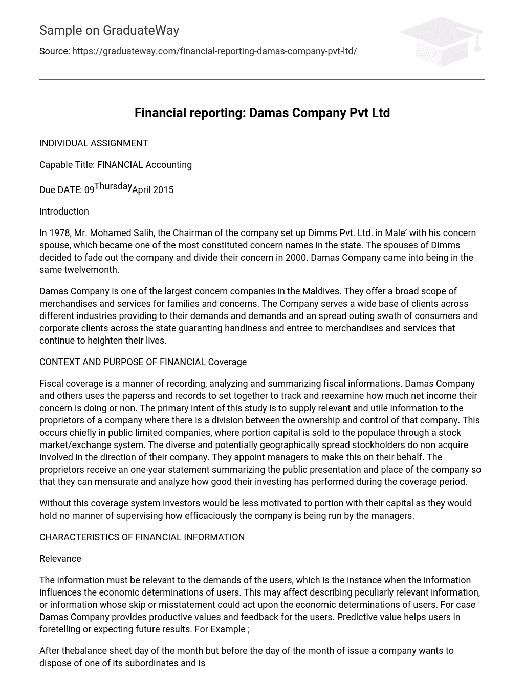 Financial reporting: Damas Company Pvt Ltd
