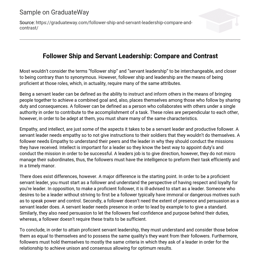 ⇉Follower Ship and Servant Leadership Compare and Contrast Essay