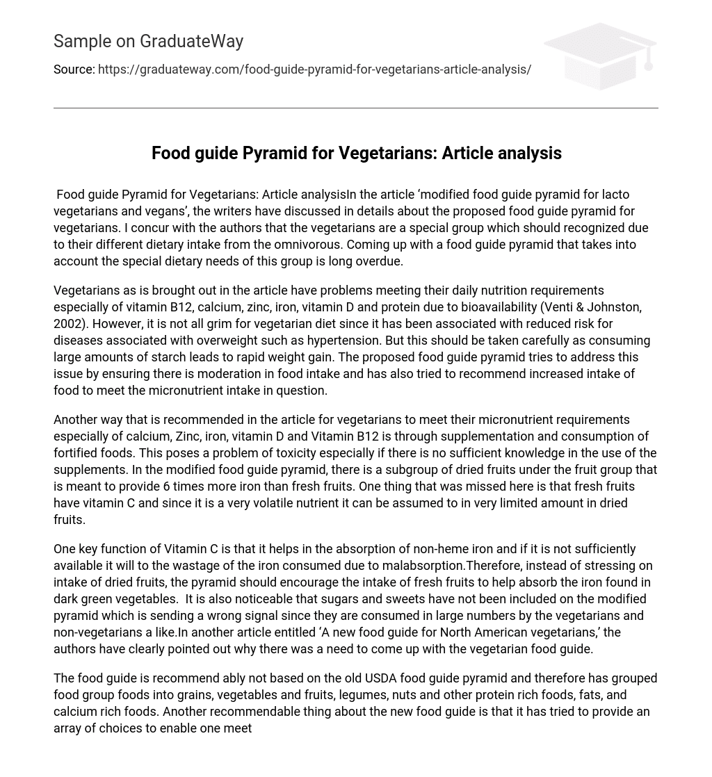 Food guide Pyramid for Vegetarians: Article analysis