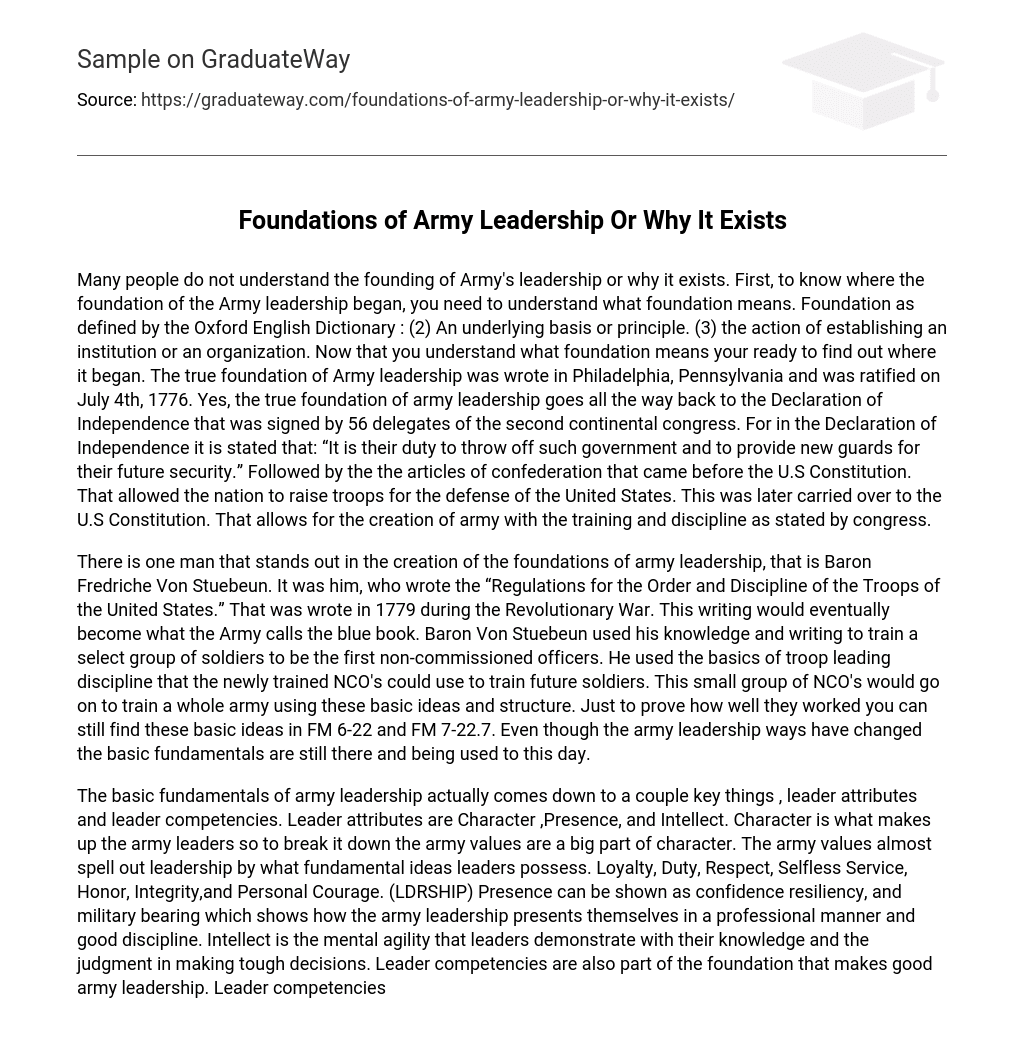 Foundations of Army Leadership Or Why It Exists