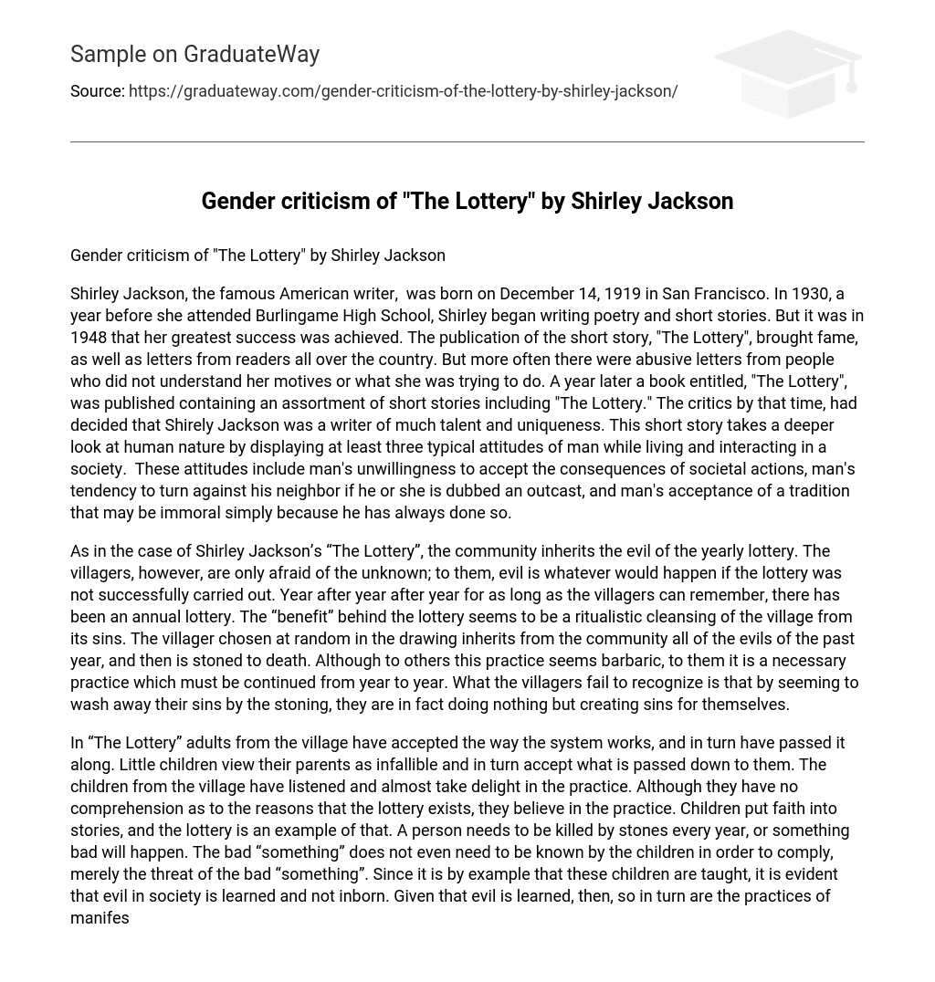 Gender criticism of “The Lottery” by Shirley Jackson Analysis