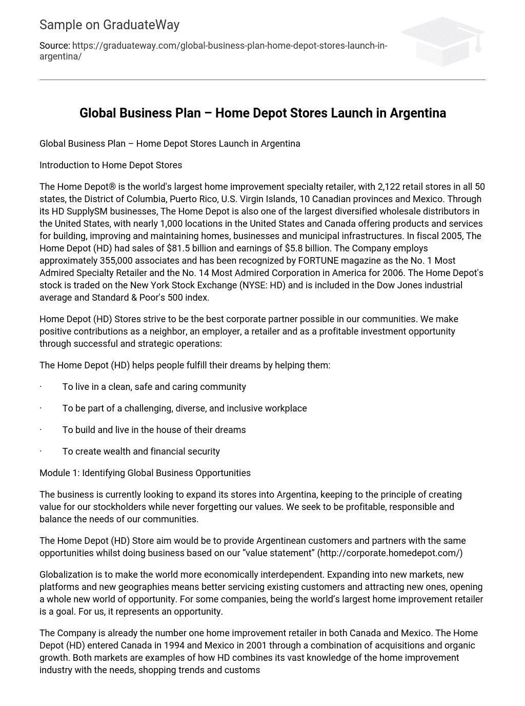 Global Business Plan – Home Depot Stores Launch in Argentina