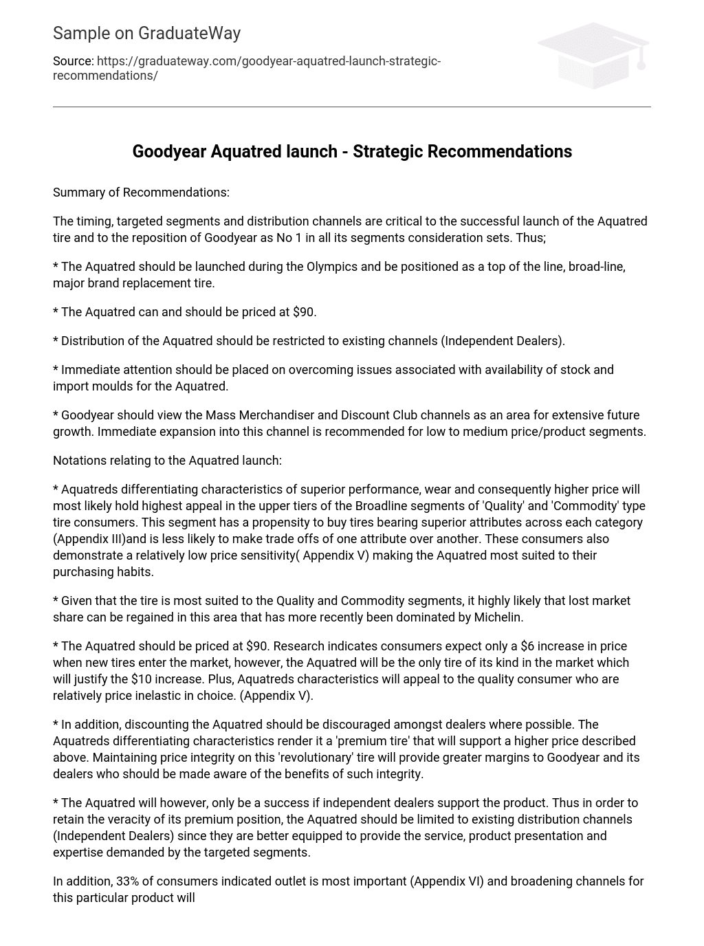 Goodyear Aquatred launch – Strategic Recommendations