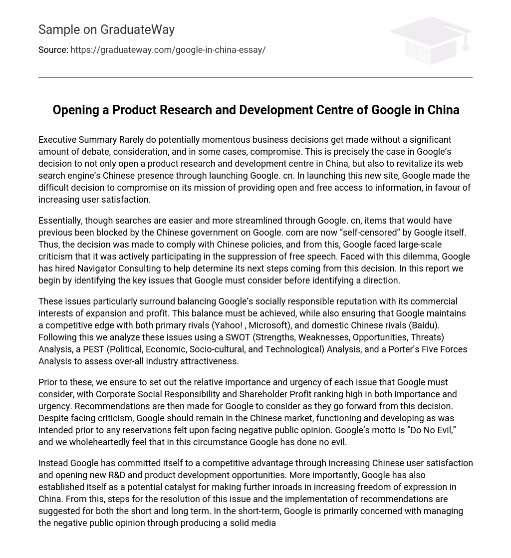 Opening a Product Research and Development Centre of Google in China