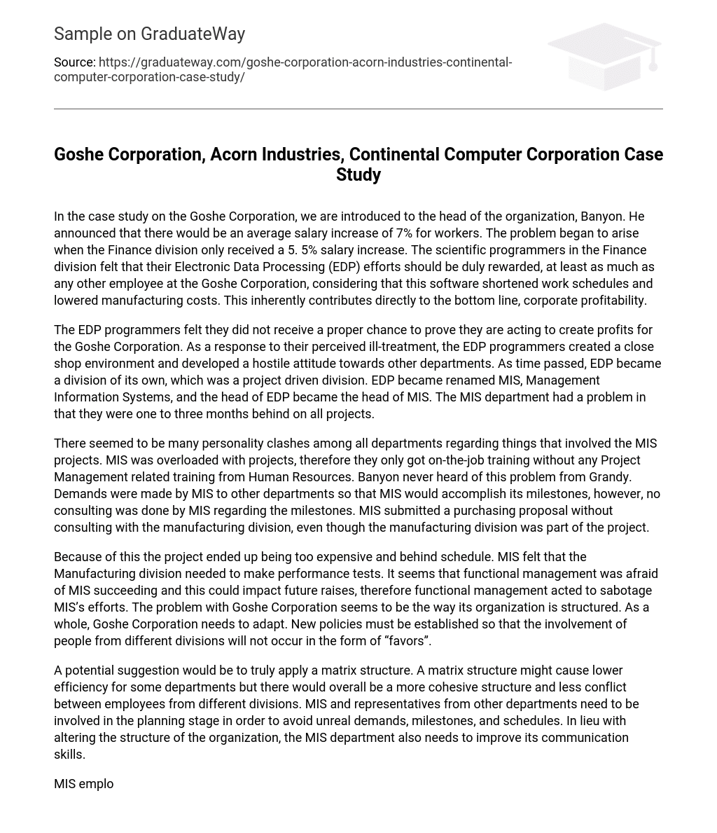 Goshe Corporation, Acorn Industries, Continental Computer Corporation Case Study