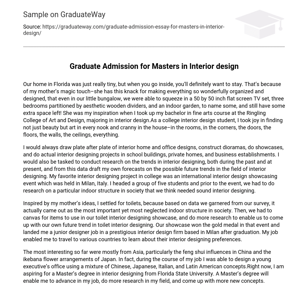 Graduate Admission for Masters in Interior design