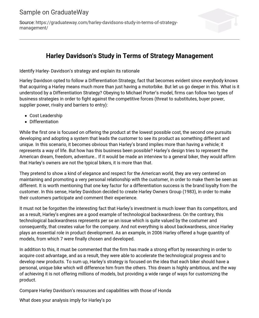 Harley Davidson’s Study in Terms of Strategy Management