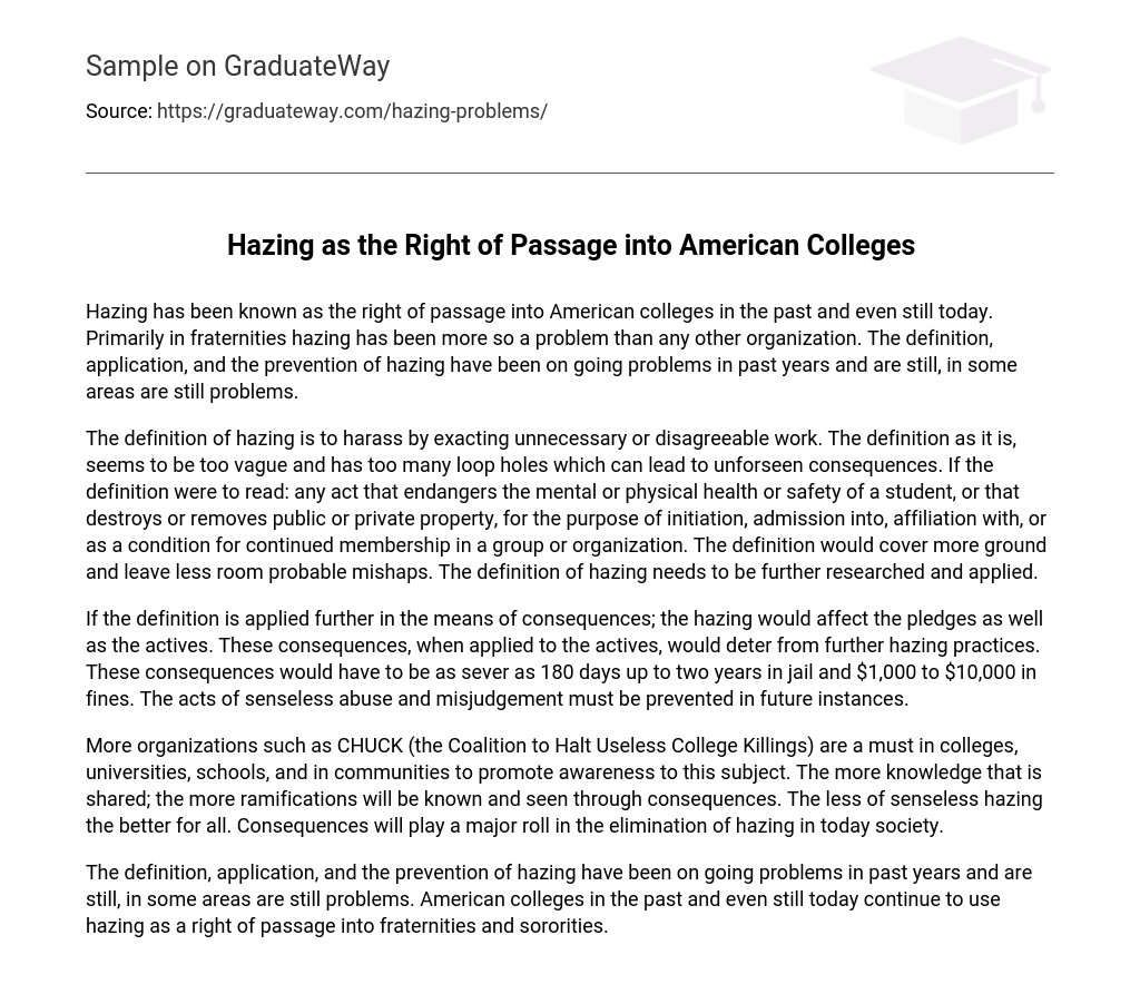 Hazing as the Right of Passage into American Colleges Research Paper