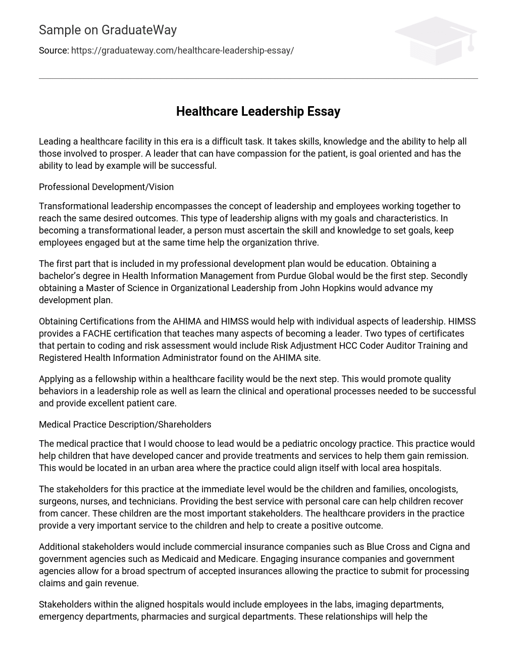 Healthcare Leadership Essay