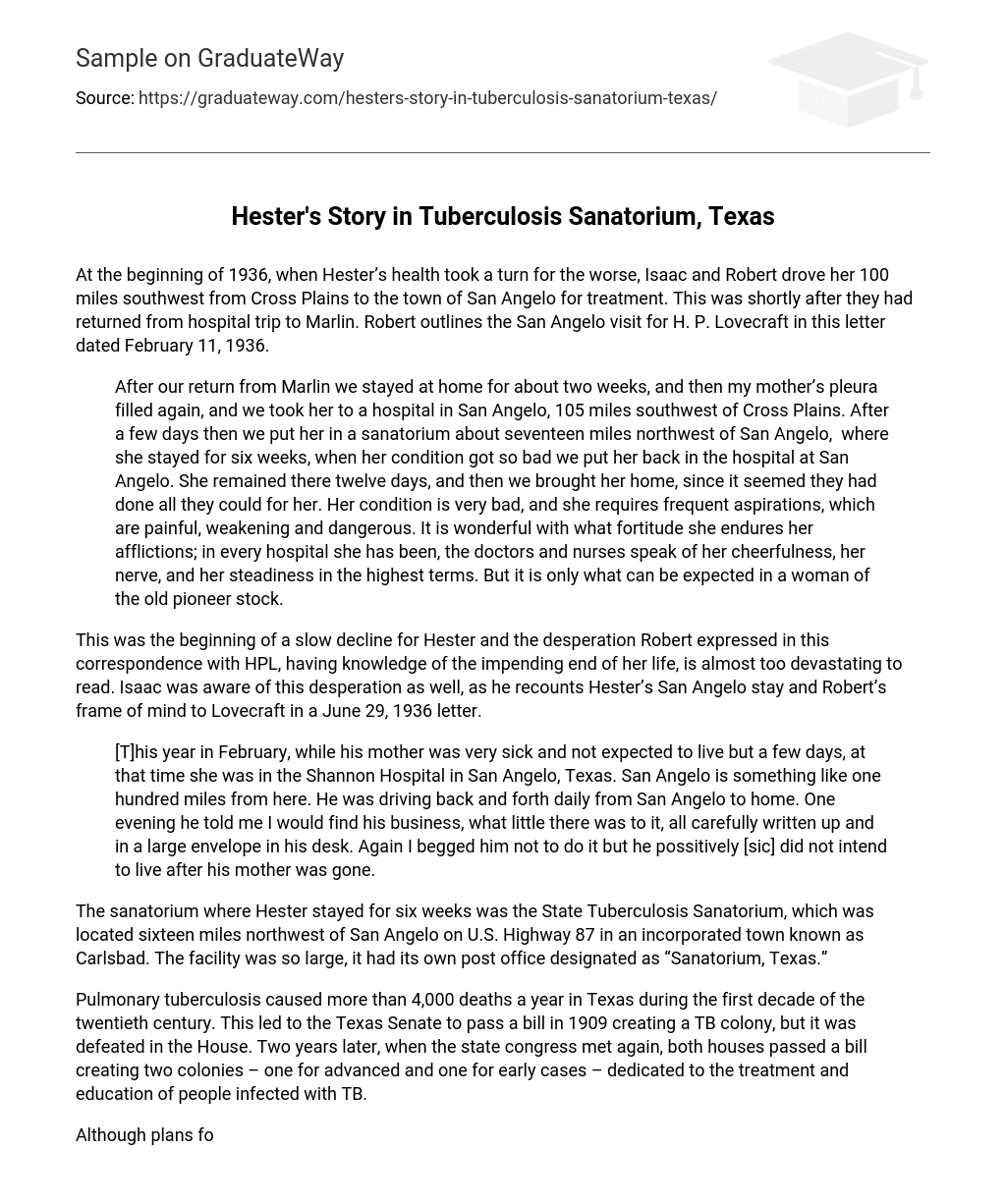 Hester’s Story in Tuberculosis Sanatorium, Texas