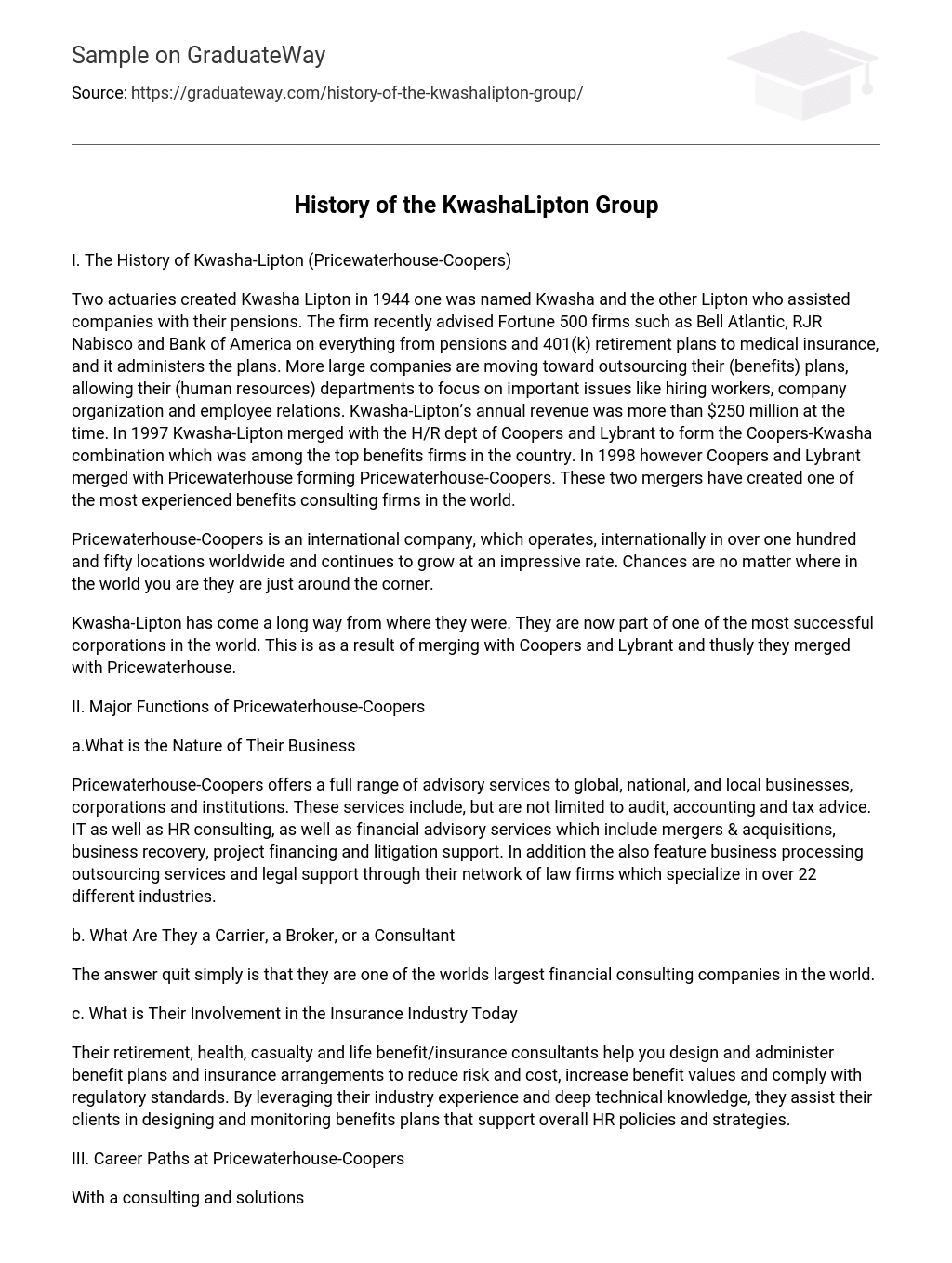 History of the KwashaLipton Group