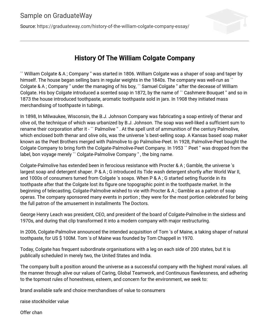 History Of The William Colgate Company