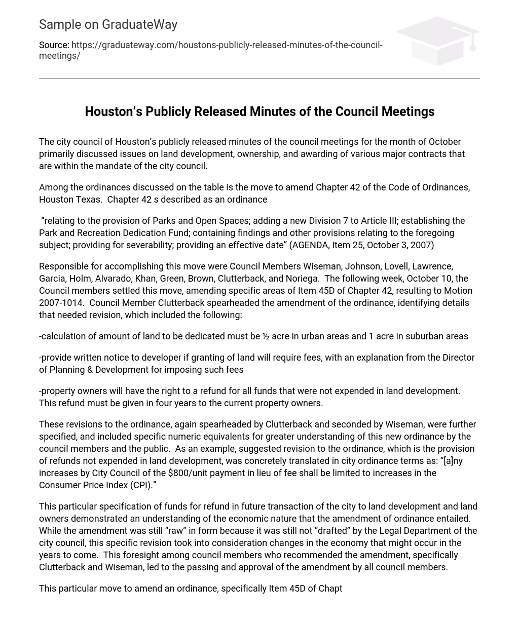 Houston’s Publicly Released Minutes of the Council Meetings