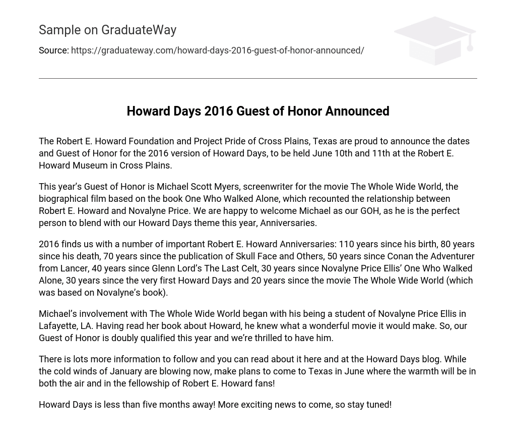 Howard Days 2016 Guest of Honor Announced