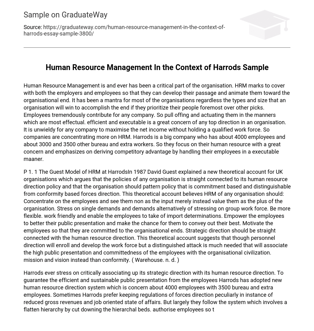 Human Resource Management In the Context of Harrods Sample