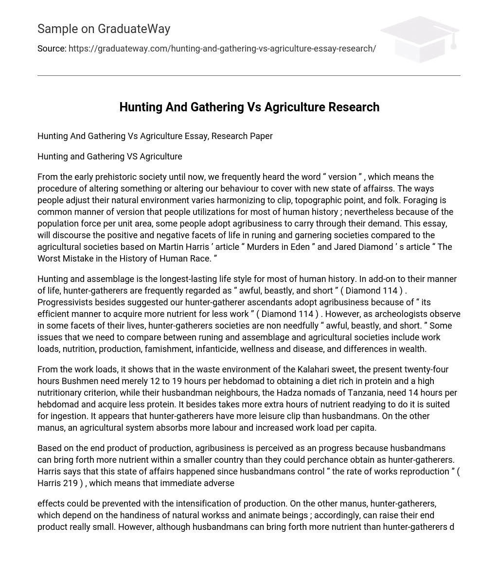 Hunting And Gathering Vs Agriculture Research