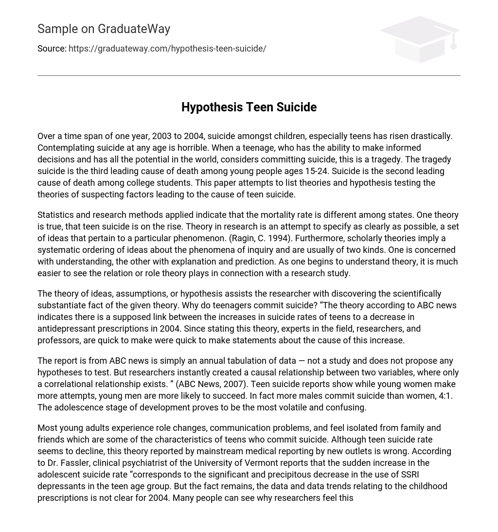 Hypothesis Teen Suicide Research Paper