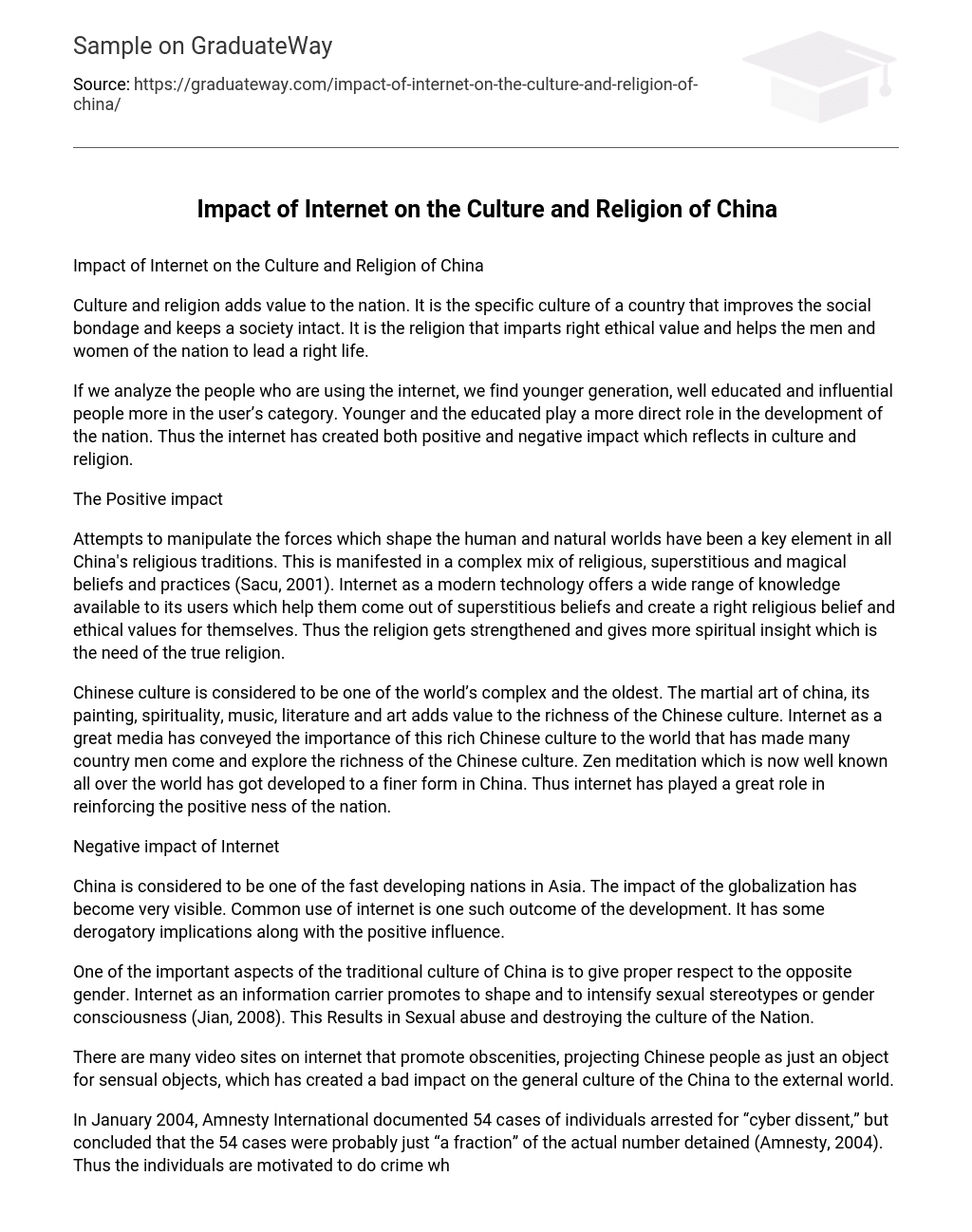 Impact of Internet on the Culture and Religion of China