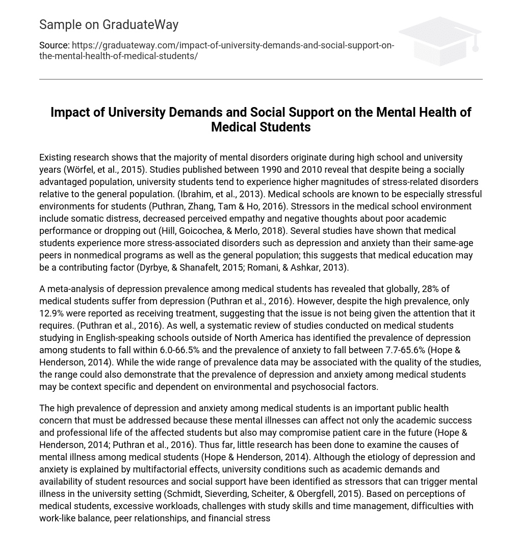 Impact of University Demands and Social Support on the Mental Health of Medical Students