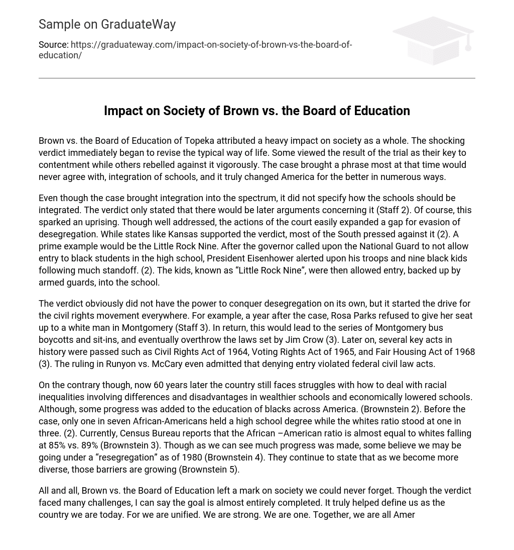 Impact on Society of Brown vs. the Board of Education