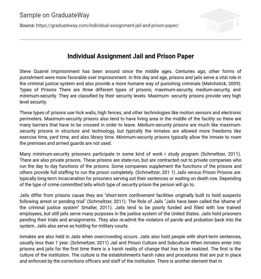 Individual Assignment Jail and Prison Paper