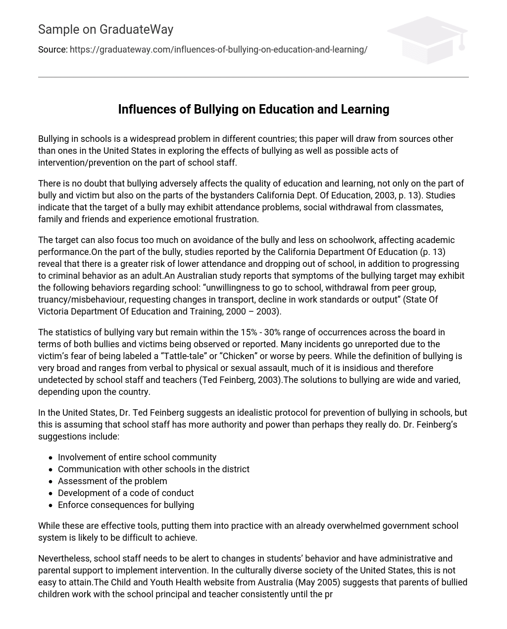 Influences of Bullying on Education and Learning