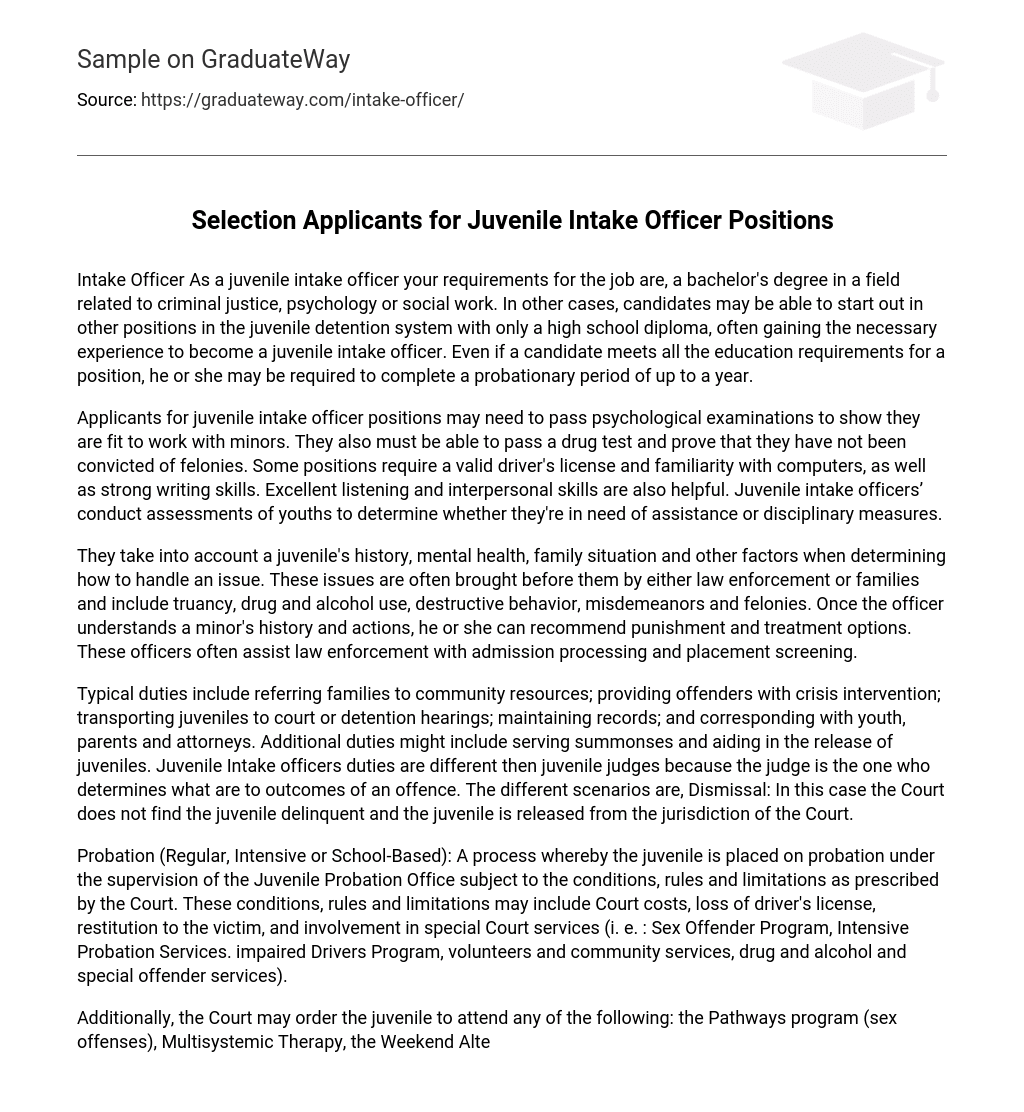 Selection Applicants for Juvenile Intake Officer Positions