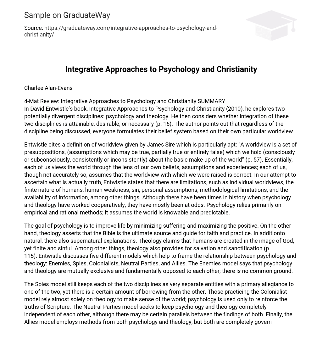 Integrative Approaches to Psychology and Christianity Short Summary