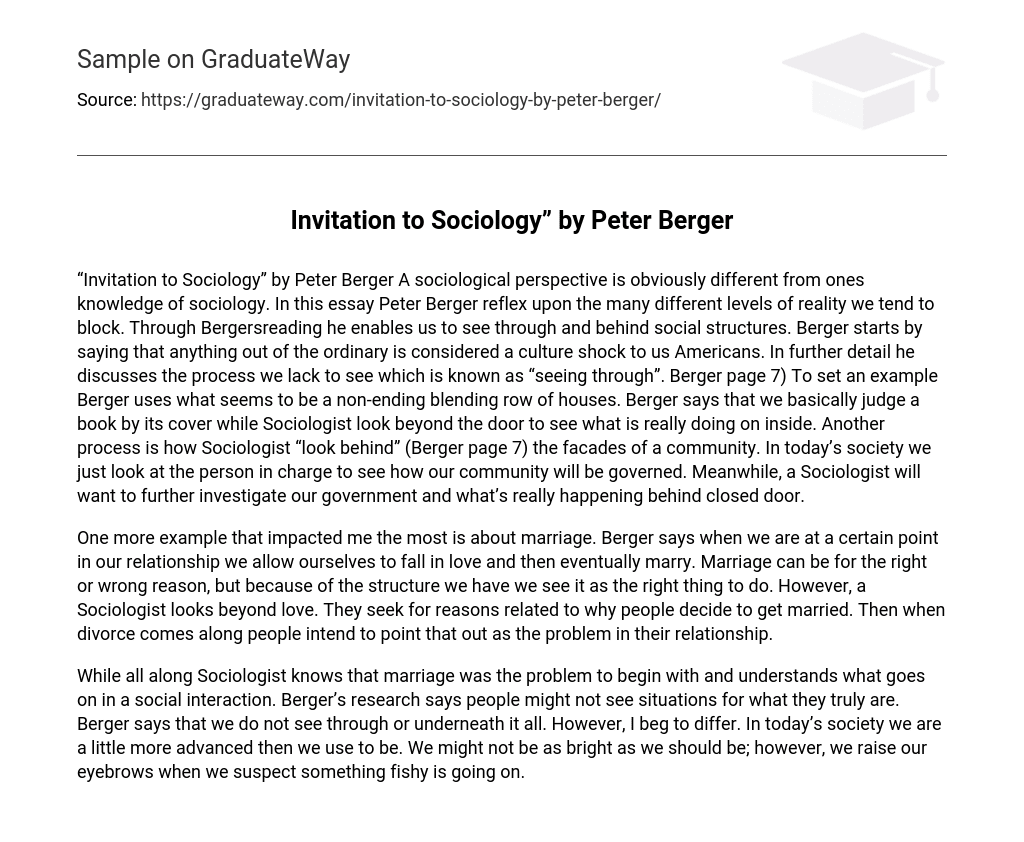 Invitation to Sociology” by Peter Berger Short Summary