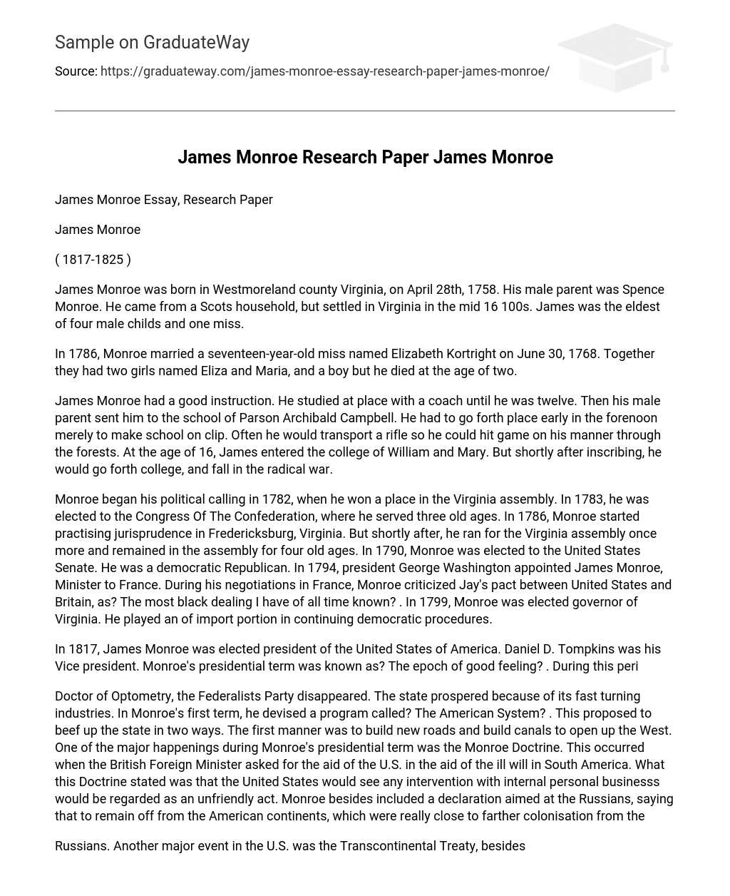 James Monroe Research Paper James Monroe