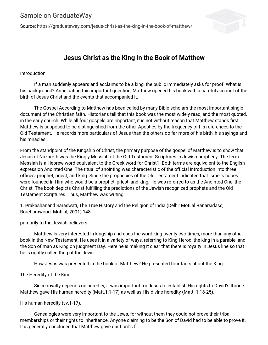 Jesus Christ as the King in the Book of Matthew