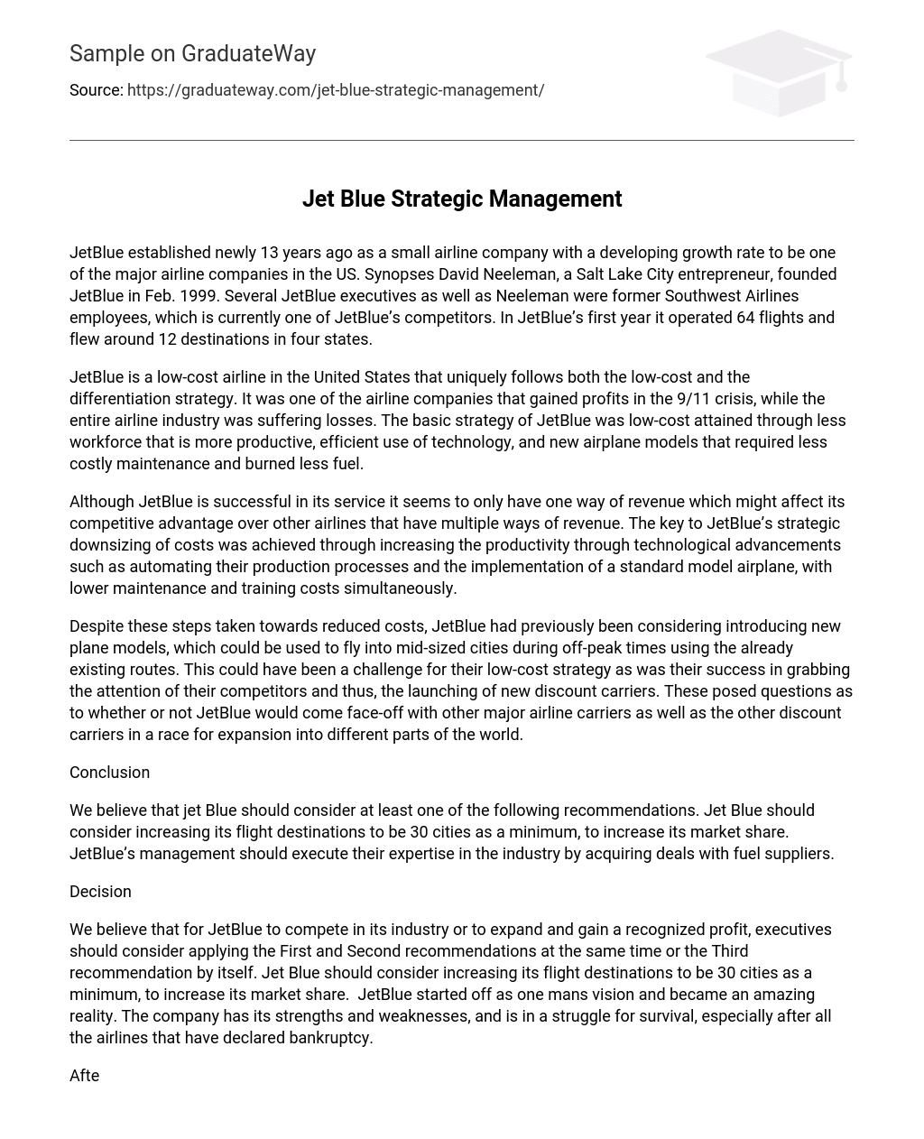 Jet Blue Strategic Management Analysis