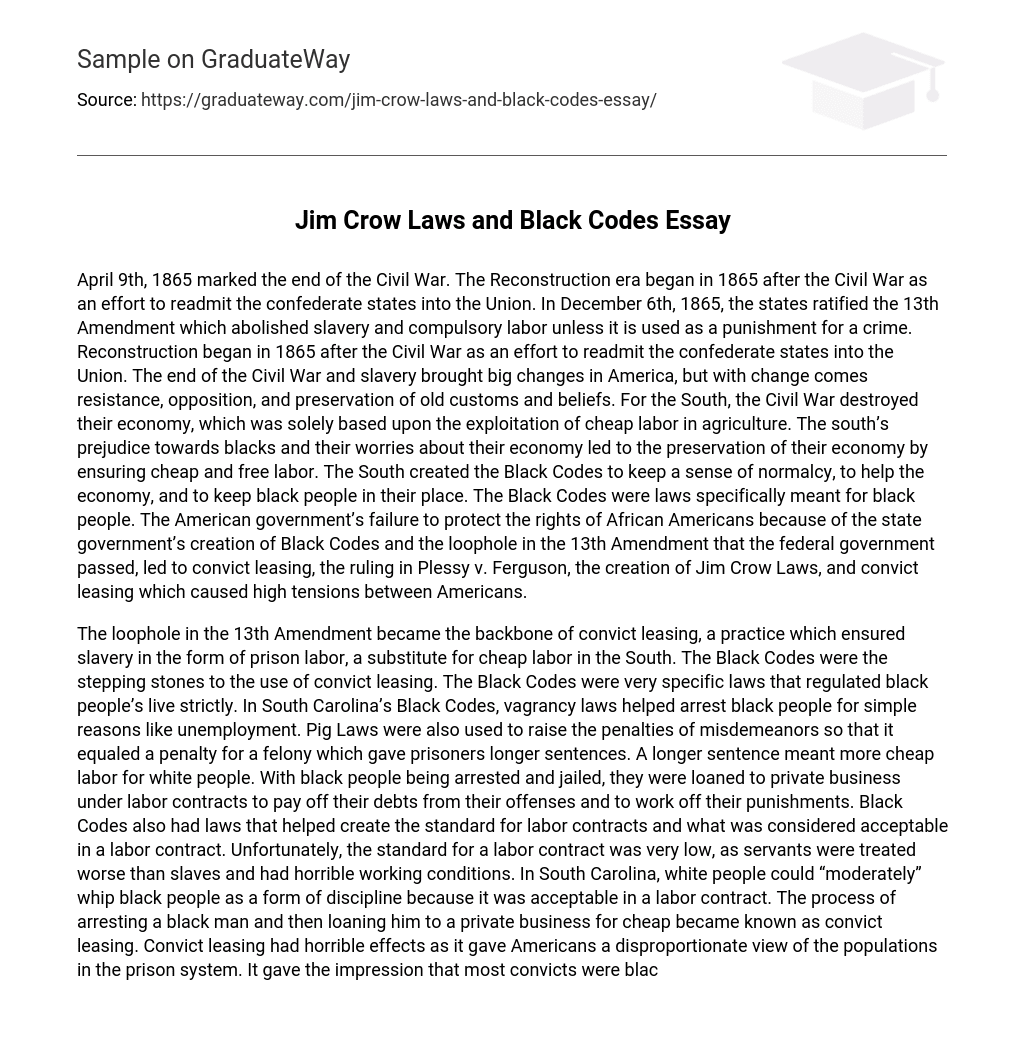 Jim Crow Laws and Black Codes Essay