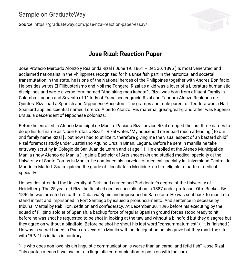 Jose Rizal: Reaction Paper