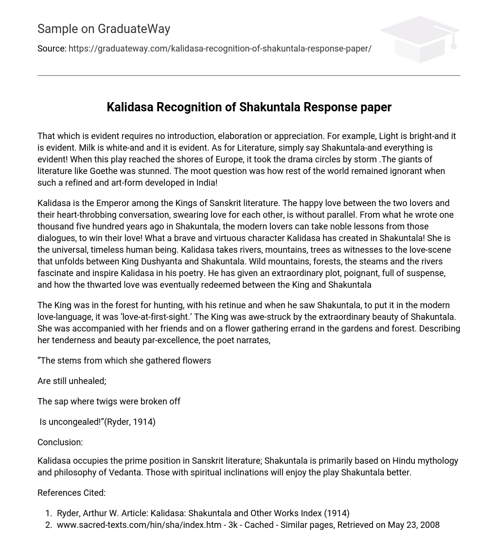 Kalidasa Recognition of Shakuntala Response paper