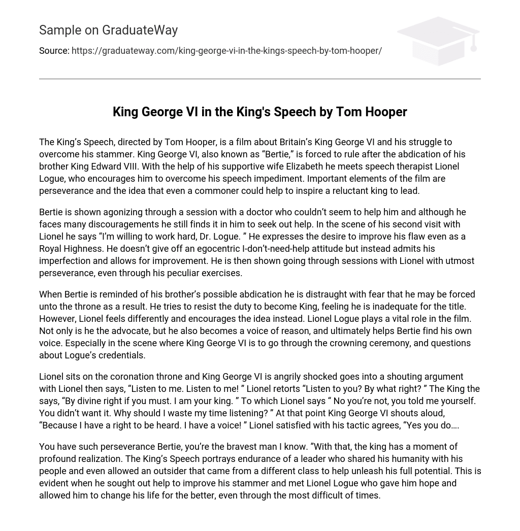 King George VI in the King’s Speech by Tom Hooper Speech Analysis
