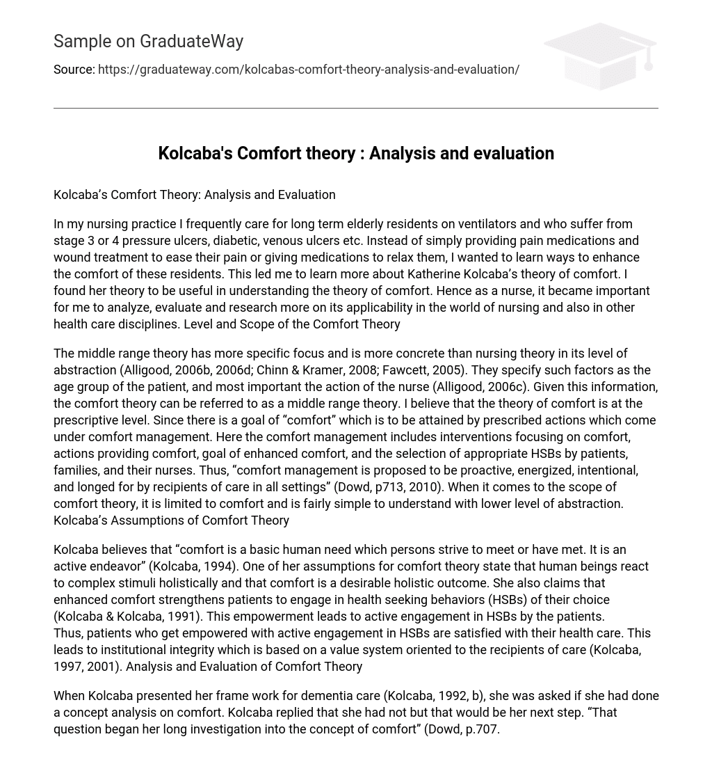 Kolcaba’s Comfort theory : Analysis and evaluation